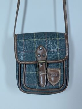 Vintage Esprit Plaid Crossbody Bag Equestrian Style Satchel Green Brown Preppy
